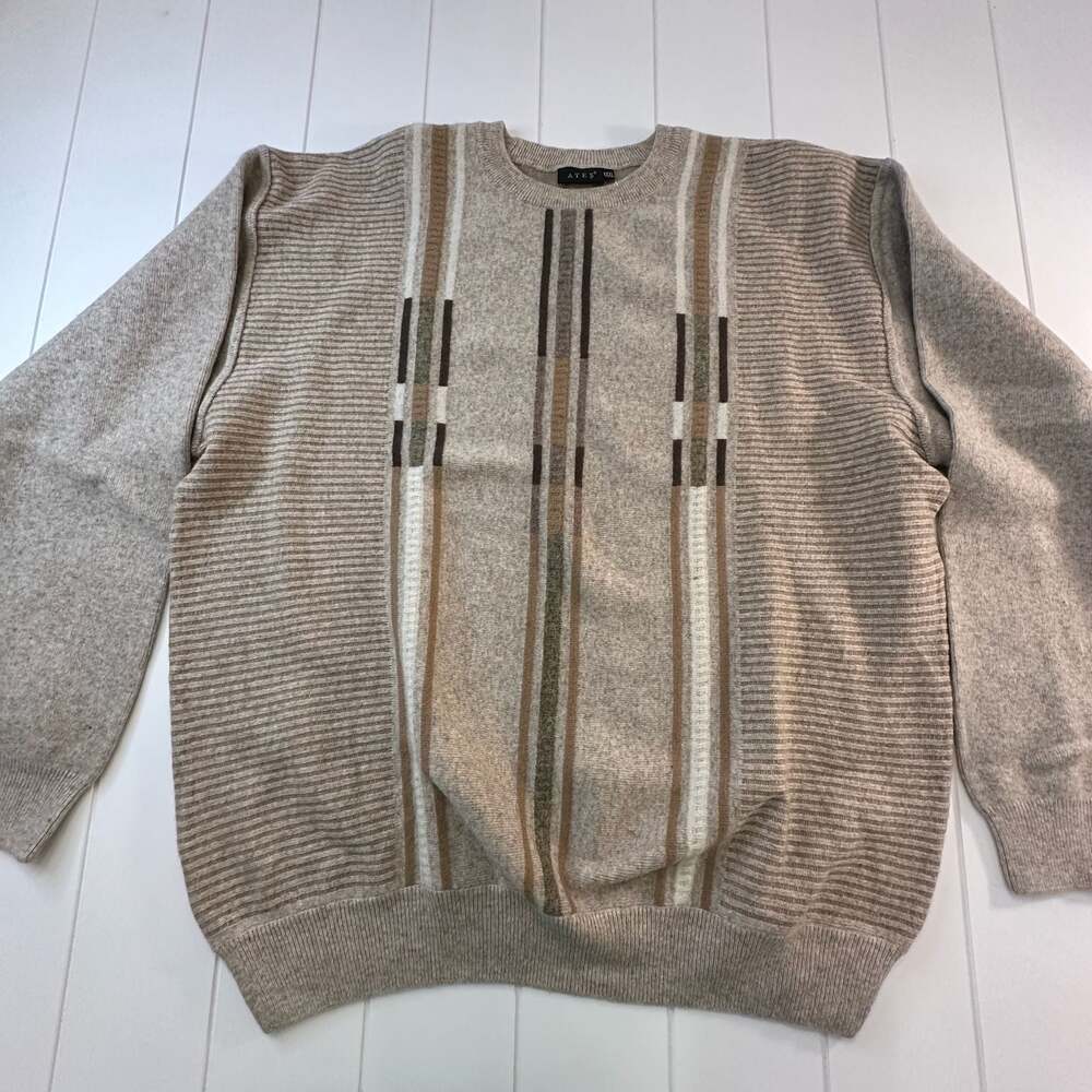 90s Ates Knit Sweater Mens XXL Beige Brown Vertical Panel Pattern 90s Grandpacor